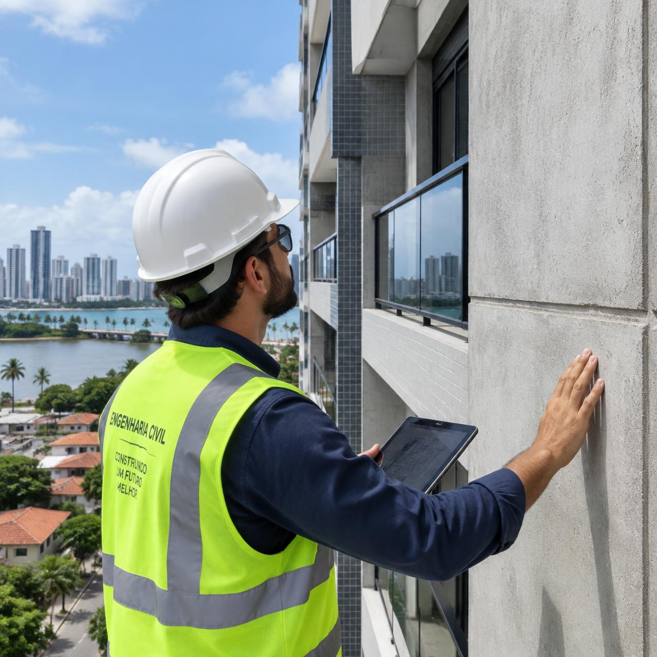 Engenheiro realizando inspeção predial em fachada
